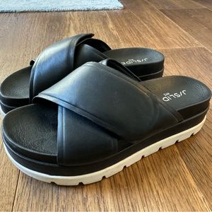 J/Slides NYC Bella black leather platform sandals with adjustable strap